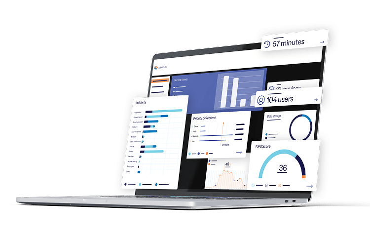 Abacus client dashboard displaying IT service metrics on a laptop
